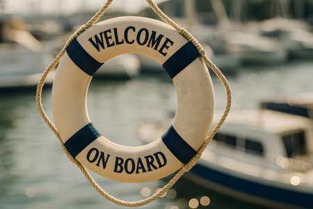 Photorealistic image of a life ring displaying Welcome on Board against blurry boats and water.の素材