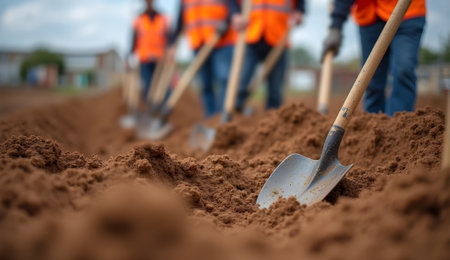 Close-up shows construction workers using shovels to dig a trench in the earth for new project.の素材