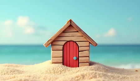 Tiny wooden beach house with a red door sits nestled in the sand, a serene oceanscape backdropの素材
