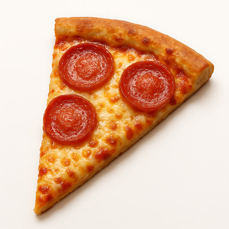 Overhead view of a single, appetizing pepperoni pizza slice with melted cheese on a white backdrop.の素材