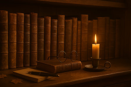 Candlelight illuminates a vintage study with books, glasses, and a notepad, creating a serene mood.の素材
