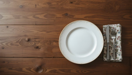 Rustic dining scene showcasing white plate, floral napkin, and silverware on wooden planks table.の素材