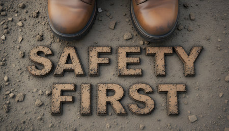 Close-up shows safety boots above textured 'Safety First' letters on cracked ground surface.の素材