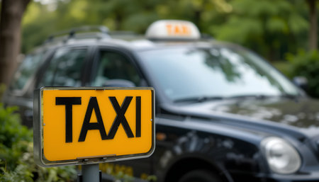 Bright yellow taxi sign in sharp focus stands before a blurred taxi cab during daylight hours.の素材