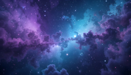 A celestial scene with glowing stars and ethereal clouds creating a dreamy, cosmic atmosphere.の素材