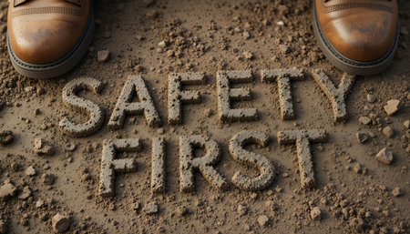 Pair of work boots with the words SAFETY FIRST crafted from earth on a rugged terrain surface.の素材