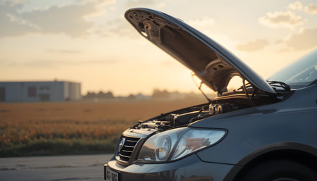 A grey car sits with its hood open revealing the engine, set against a golden field backgroundの素材