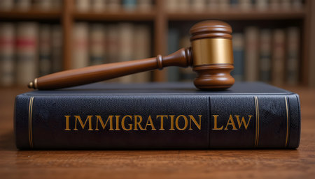 A gavel rests atop a book titled Immigration Law, symbolizing legal procedures and justice system.の素材