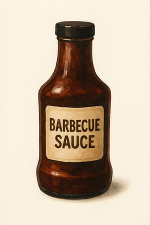 Watercolor illustration shows a bottle of barbecue sauce with a dark cap, standing uprightの素材