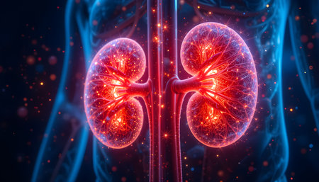 Two glowing kidneys presented with intricate detailing against a softly illuminated figure form.の素材