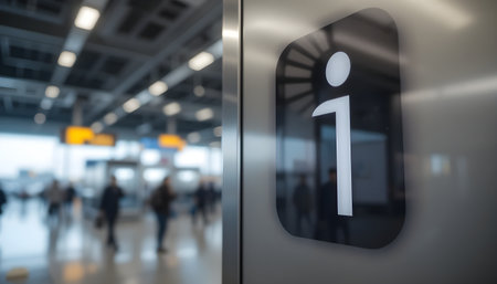An information symbol guides travelers at the airport, providing assistance and wayfinding support.の素材