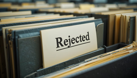 A filing cabinet drawer holds files, the foremost marked 'Rejected' in stark black lettering.の素材