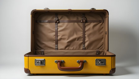 A vintage yellow suitcase with brown leather trim is open against a neutral background.の素材