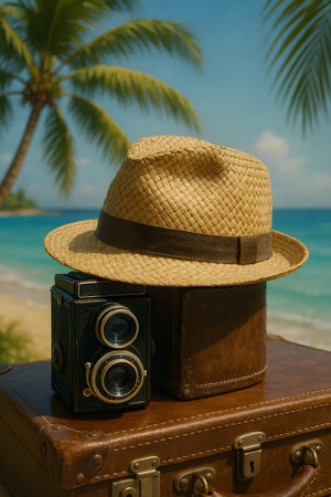 Vintage Camera Straw Hat And Leather Suitcase Evoke Nostalgic Beachside Travel Ambianceの素材