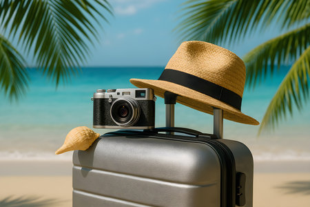 Travel preparation on a sandy beach evokes a sense of anticipation with summer accessories nearbyの素材