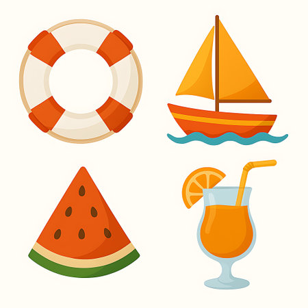 Summer icons collection features a life preserver, sailboat, watermelon slice, and orange cocktail.の素材