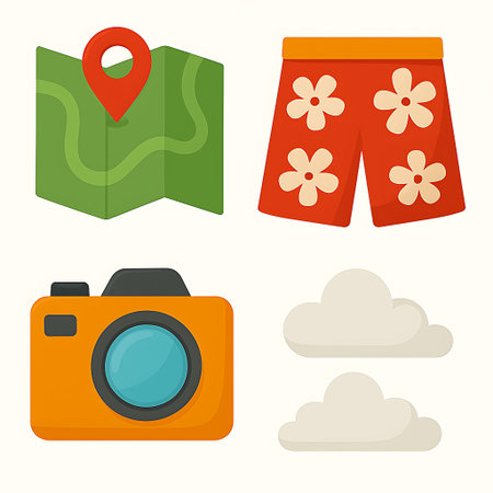 An illustration set with vacation theme elements showcasing map, shorts, camera and clouds iconの素材