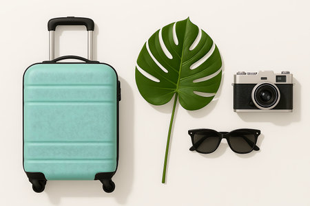 Stylish travel essentials flat lay showcasing a suitcase, camera, sunglasses, and a Monstera leaf.の素材