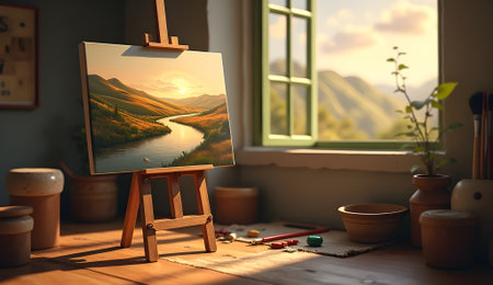 Easel displays a landscape painting bathed in warm sunlight, capturing a serene and artistic mood.の素材