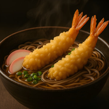 A tempting bowl of hot soba noodle soup with crispy shrimp tempura, fish cake and green onions.の素材