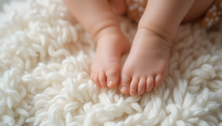 A close-up captures the delicate, tiny feet of a newborn resting softly on a fluffy white blanket.の素材
