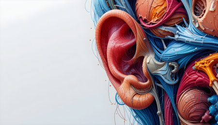 Detailed anatomical illustration of an ear with vibrant colors and surreal, modern, upscaled designの素材