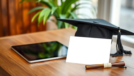 Graduation cap, diploma, tablet, and blank card rest on a wooden desk with a potted plant behind.の素材
