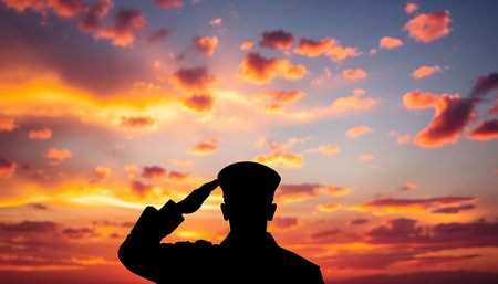 Silhouette of a person in uniform saluting against a fiery orange and blue sky at sunset glow.の素材