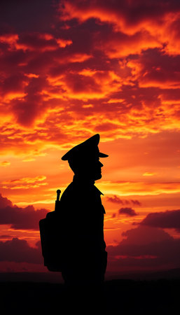 Silhouette of a person in uniform stands against a fiery sunset, exuding dignity and solemnity.の素材