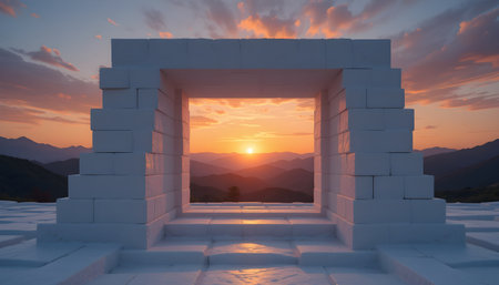 Sun bursts through a white block frame, illuminating a serene mountain landscape at sunset hourの素材