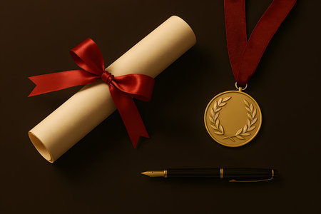 Elegant composition showcases diploma scroll with red ribbon, gold medal, and fountain pen.の素材