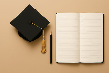 A graduation cap, open notebook, and pencil rest on a tan surface, ready for scholarly pursuits.の素材