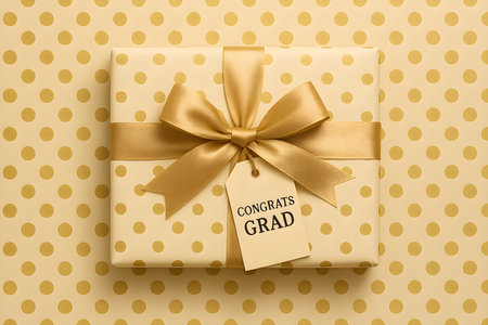 A beautifully wrapped graduation present with golden bow and polka dot paper invites celebration.の素材