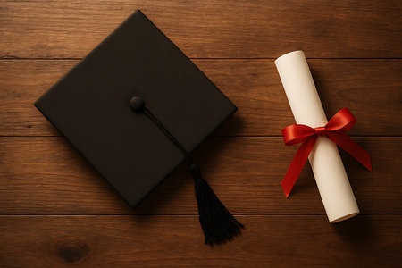 A graduation cap and diploma tied with a red ribbon lay on a wooden surface from above view.の素材