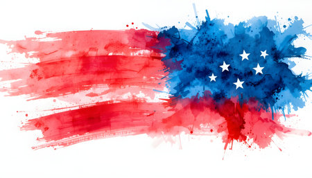 Expressive watercolor art featuring a blend of vibrant red and blue hues with scattered white stars.の素材