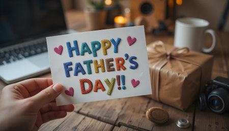 Hand holds a vibrant Happy Father's Day card, conveying love and celebration with gifts nearbyの素材
