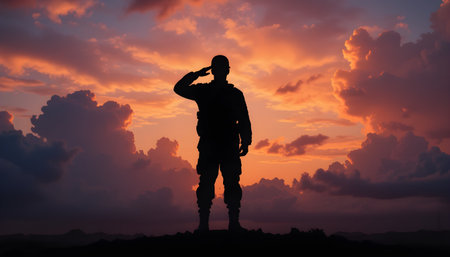 Silhouette of military figure saluting with orange and purple sunset and dramatic cloud formations.の素材