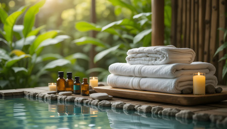 A tranquil spa scene featuring folded white towels, candles, and aromatherapy bottles near water.の素材