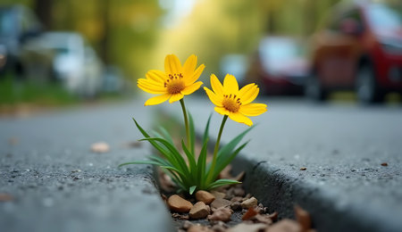 Two vibrant yellow flowers emerge from a crack in the curb, displaying resilience and hope outdoors.の素材