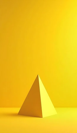 A solid yellow pyramid sits on a matching surface with bright lighting creating a minimalist mood.の素材
