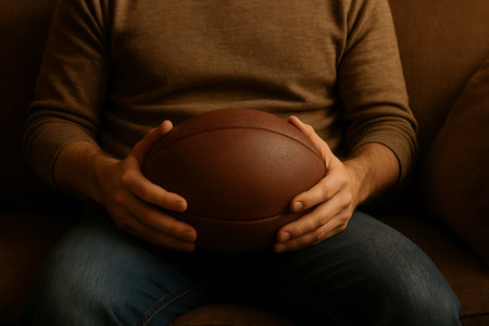 A man calmly sits on a couch indoors, cradling a brown leather football in his hands gently.の素材