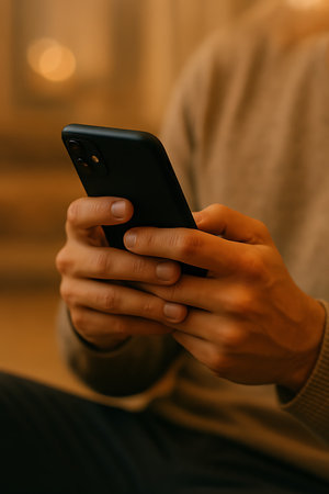 Person uses their phone, showing human interaction, soft color, warm lighting, and inviting mood.の素材