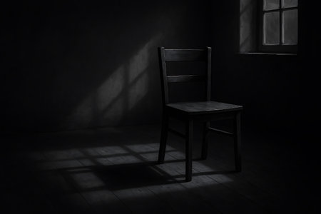 Dark moody interior featuring a solitary chair by a window with dramatic light and shadow playの素材