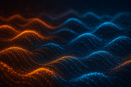 Abstract digital art featuring flowing, wavy lines of orange and blue glowing bokeh lights.の素材