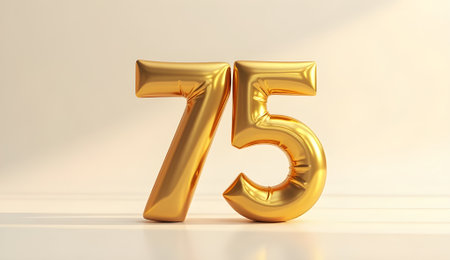 Golden number 75 shimmering under soft ambient lighting on a white backdropの素材