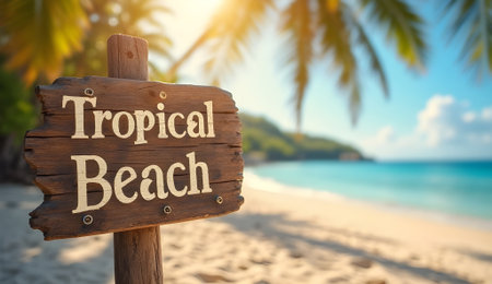 Wooden signboard displaying "Tropical Beach" in bold letters set against blurred beach sceneの素材