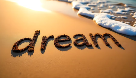 Close-up of the word dream written in golden beach sand with foamy waves gently approachingの素材