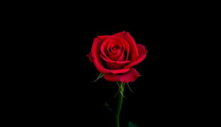 Single red rose illuminated by a soft spotlight against a dark backgroundの素材