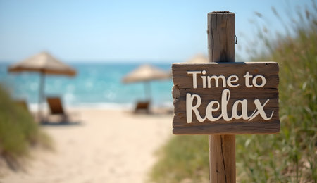 Rustic wooden sign reading Time to Relax positioned near sandy path leading to beautiful beachの素材