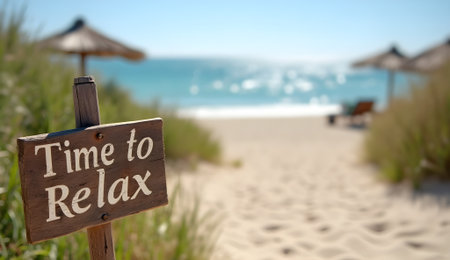 Wooden sign reading Time to Relax positioned near sandy path leading to beautiful beachの素材